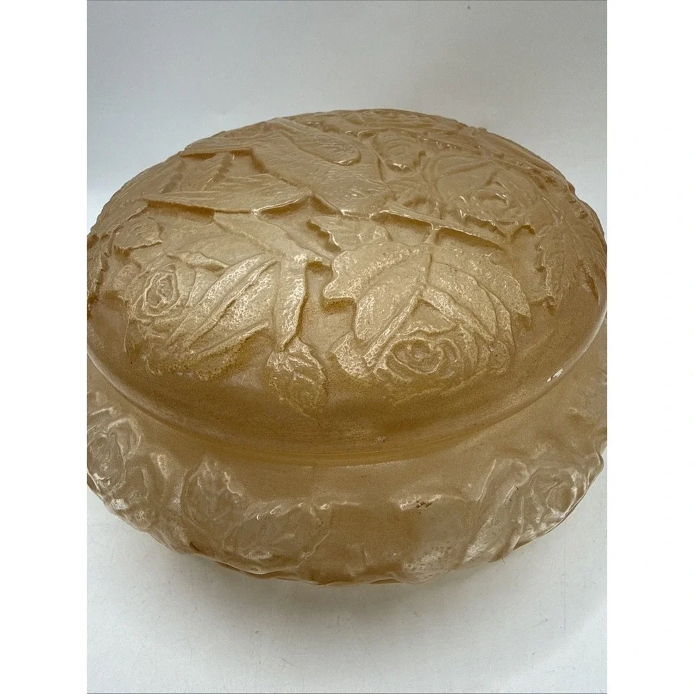 Vtg Consolidated Glass Covered Powder Jar Frosted Glass Hummingbird Blush RARE